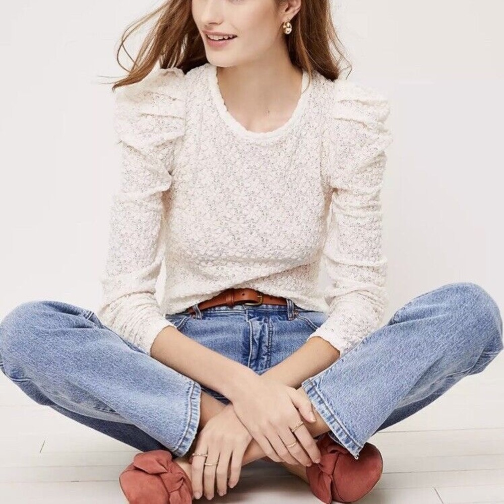 LOFT Women's Petite Floral Lace Pleated Puff Sleeve Top Ivory Sz MP stylish long - Picture 3 of 11